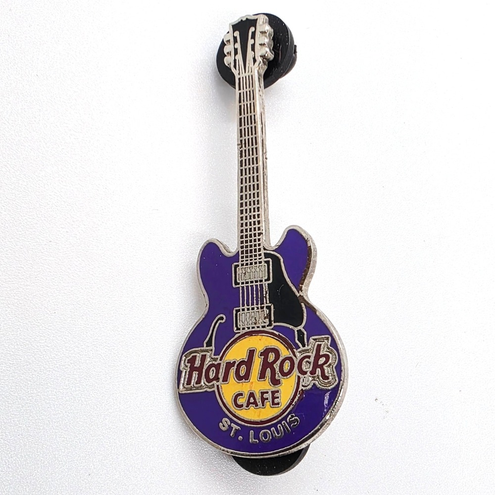 Vintage Hard Rock Cafe St. louis Silver Tone and Enamel Guitar Brooch Pin
